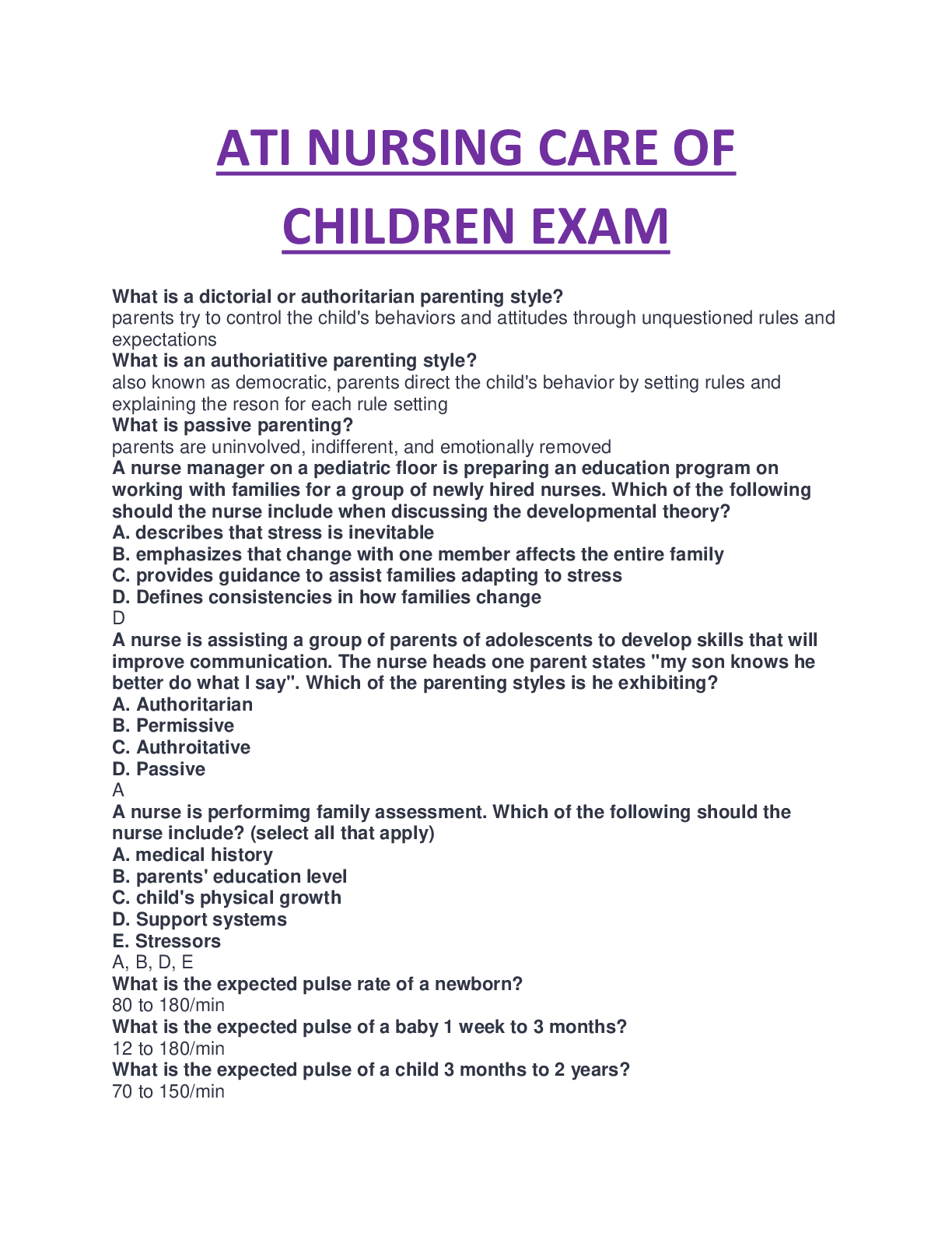 Preview of ATI NURSING CARE OF CHILDREN PROCTORED ACTUAL EXAM COMPLETE GUIDE SOLUTION.